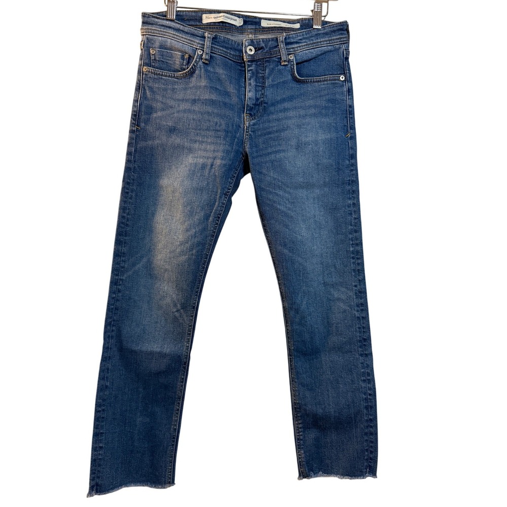 Pilcro Slim Straight Jeans Womens 28 Blue Raw Hem Anthropologie